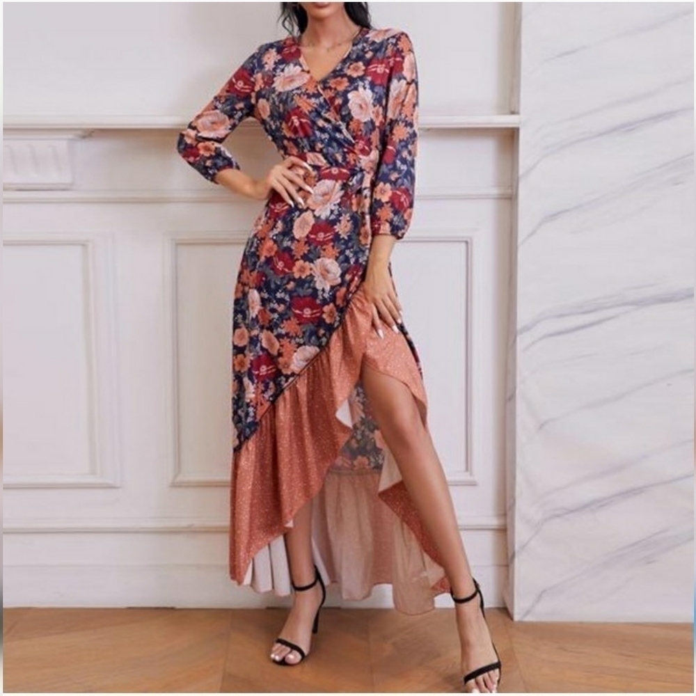 BOHO High Low Ruffled Hem Floral Maxi Dress, Size XL